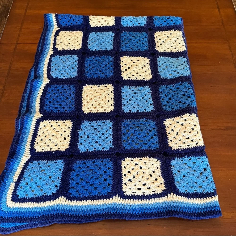 Handmade Granny Square Afghan Blanket Crochet blue white Retro Cottagecore